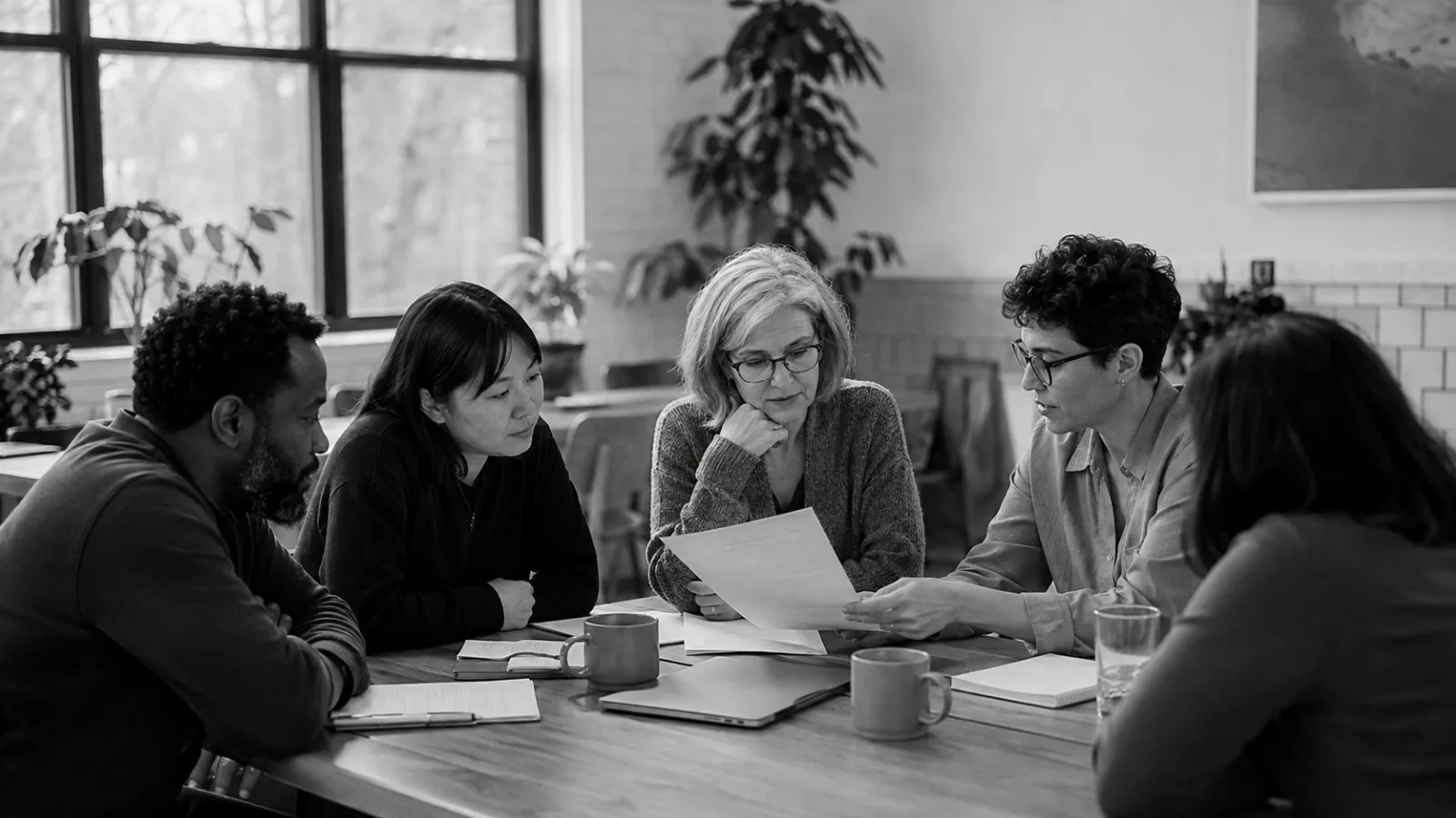 Illustrative image of a team collaborating around a table